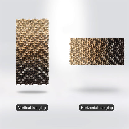 Wooden wall art, handmade solid wood mosaic with abstract coffee brown gradient and triangular design, rich in texture.