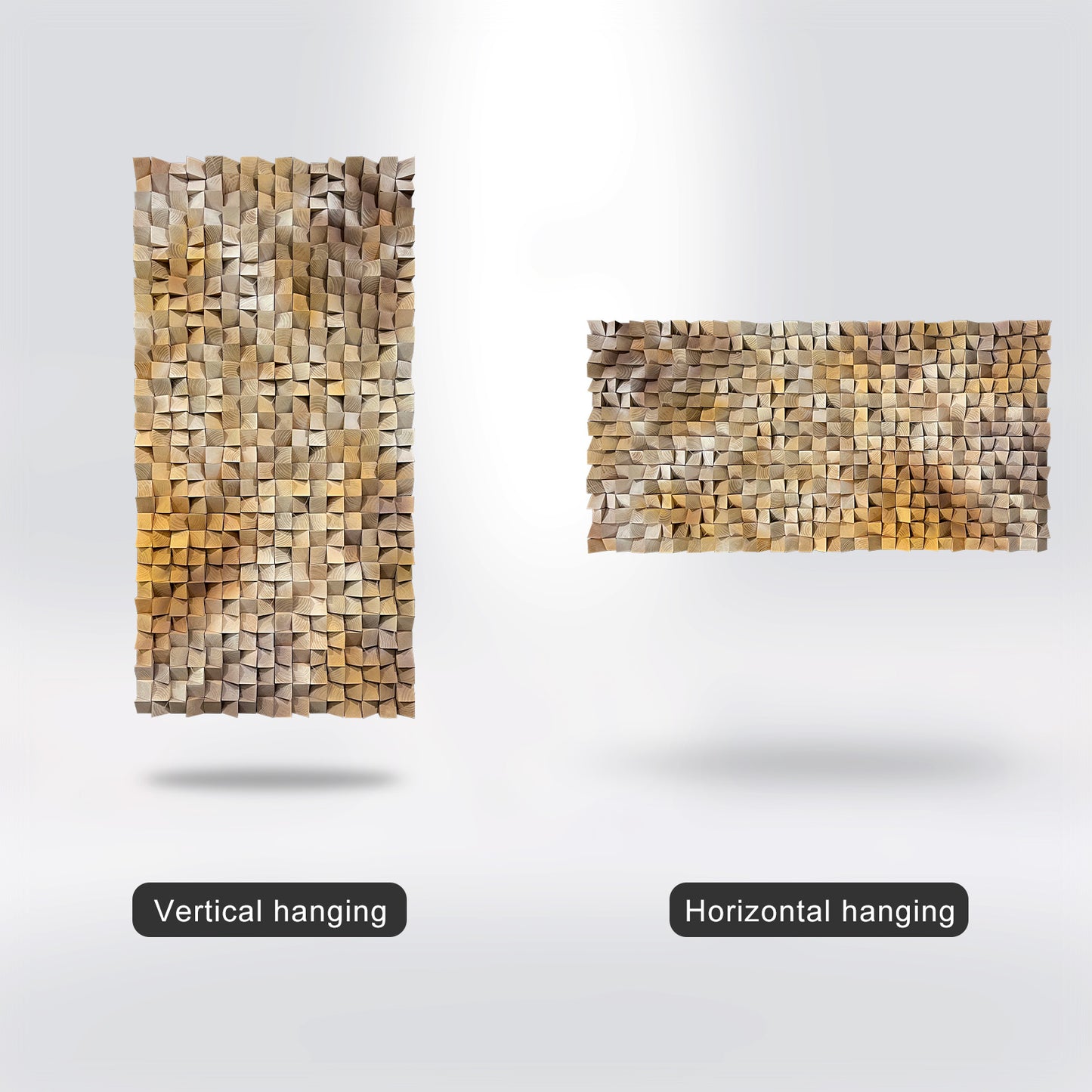 3D gradient wooden mosaic wall art features geometric wood blocks in gradual color transitions, delivering rich texture, artistic depth and natural warmth.
