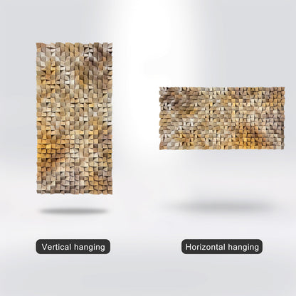 3D gradient wooden mosaic wall art features geometric wood blocks in gradual color transitions, delivering rich texture, artistic depth and natural warmth.