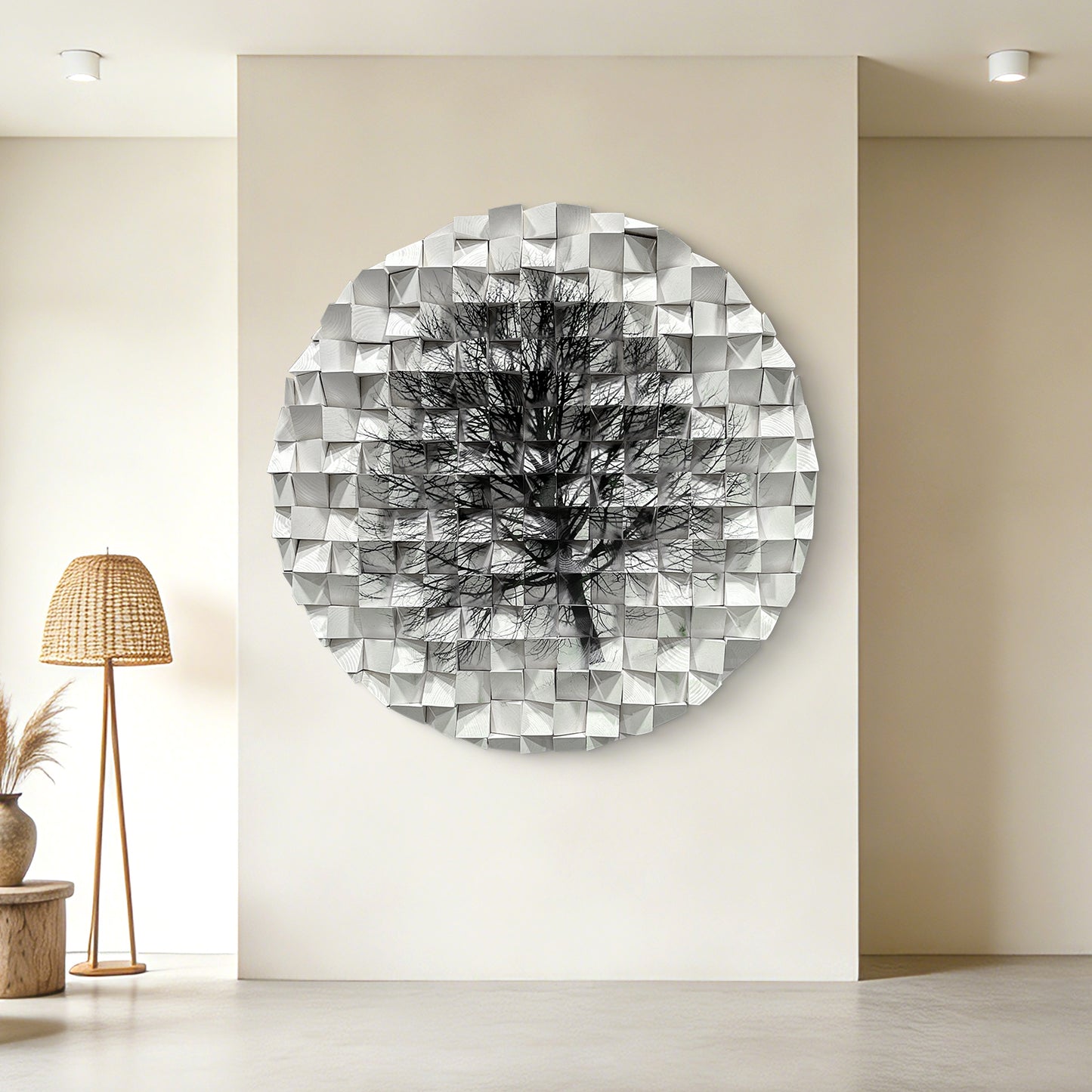 Modern circle wall decor with black-and-white tree art, handmade solid wood hanging for home and office.