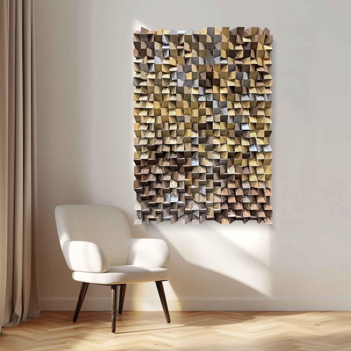 Natural Wood Triangle Mosaic Art - 3D Geometric Wall Decor