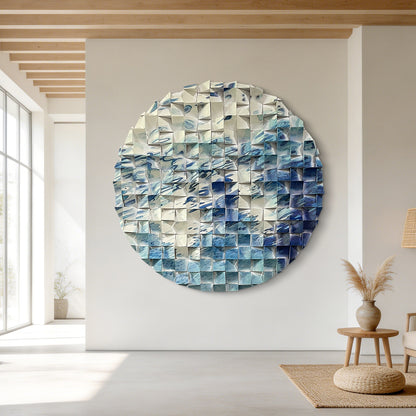 Abstract flow round wood wall art with white & blue river line pattern, modern circular decor for living room and office.