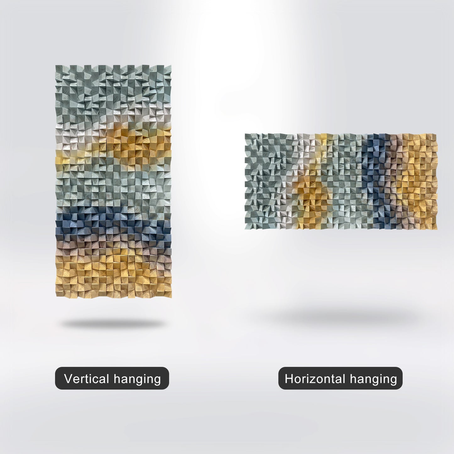 Geometric gradient 3D wooden mosaic wall decor, solid wood textured panel with distinctive layered design.