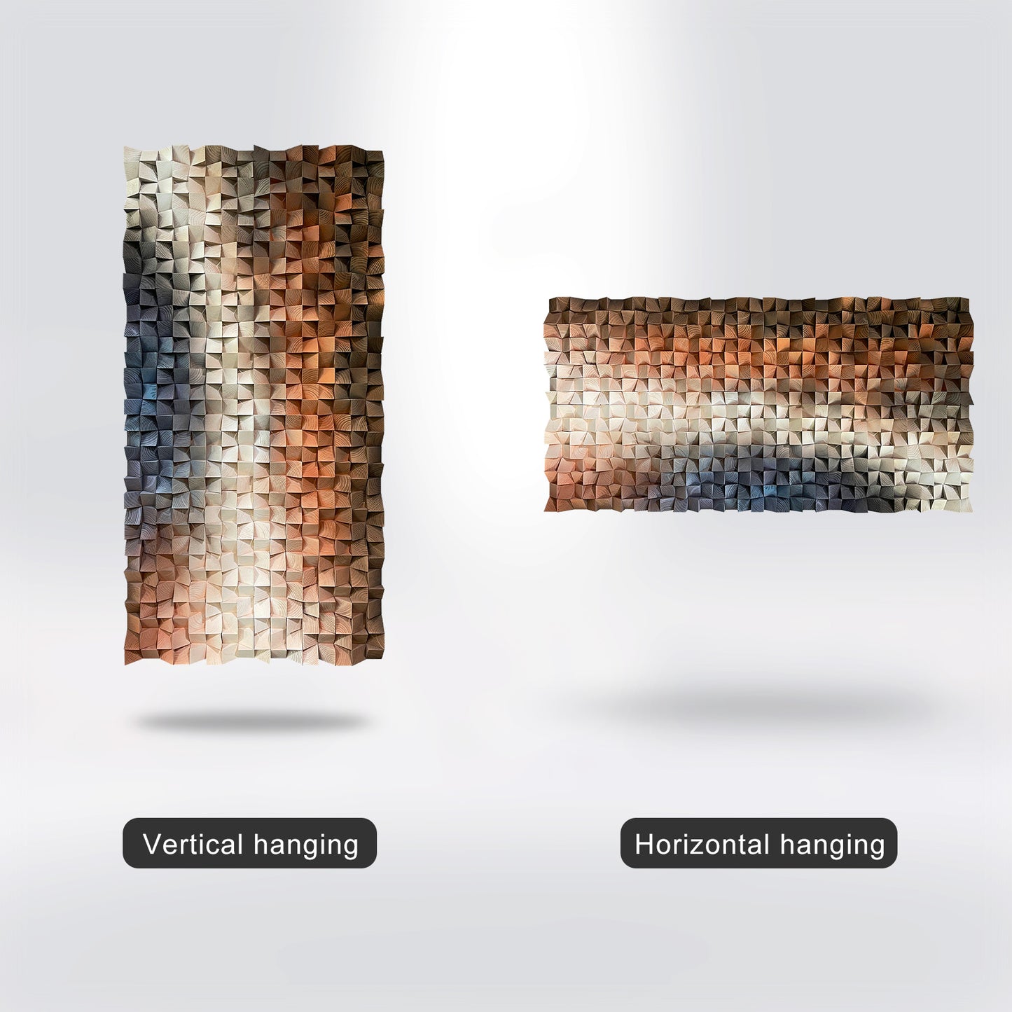 Modern abstract 3D wall art, solid wood mosaic panel in blue, white and orange tones, with rich three-dimensional texture.