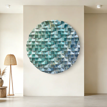 Large triangular wooden block wall art with blue-green-gold pattern, eye-catching modern decor for living room.