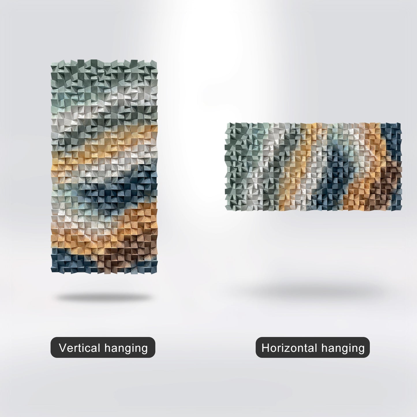 3D gradient wooden mosaic wall artwork, crafted from natural wood with gradual color transitions, full of artistic stereoscopic sense.
