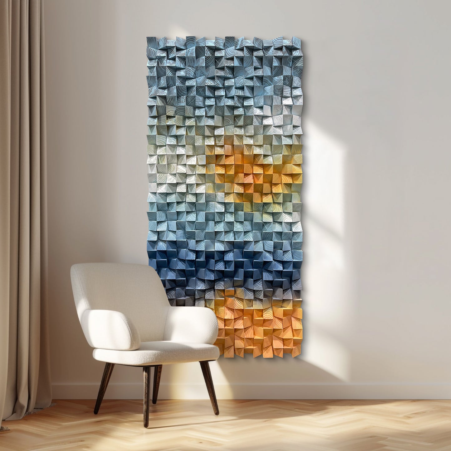 Large 3D natural wood wall decor with original triangular design.