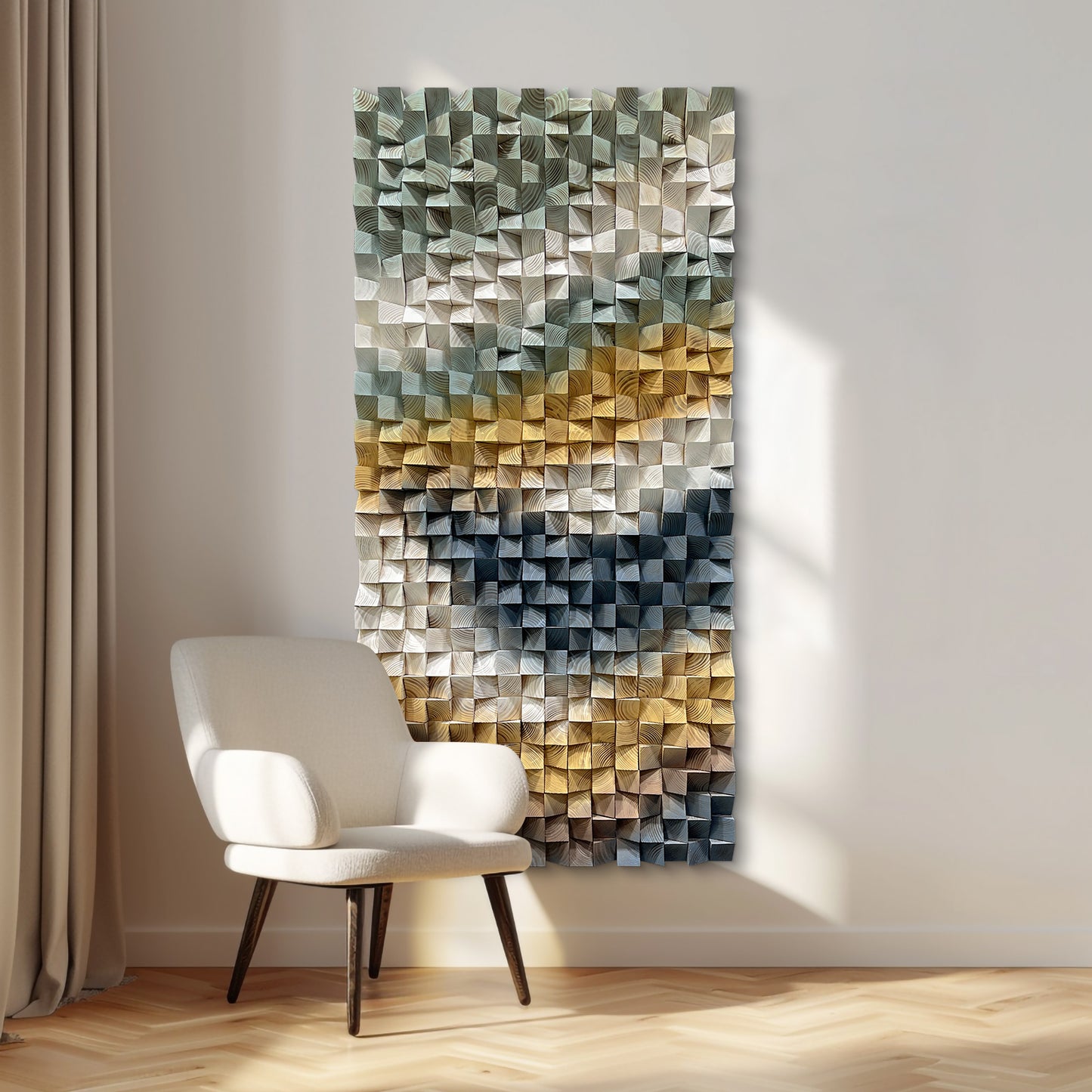 Unique triangular wooden wall art, crafted from natural wood to outline dynamic geometric lines, embodying stylish artistic aesthetics.
