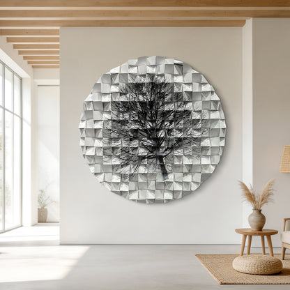 Modern circle wall decor with black-and-white tree art, handmade solid wood hanging for home and office.