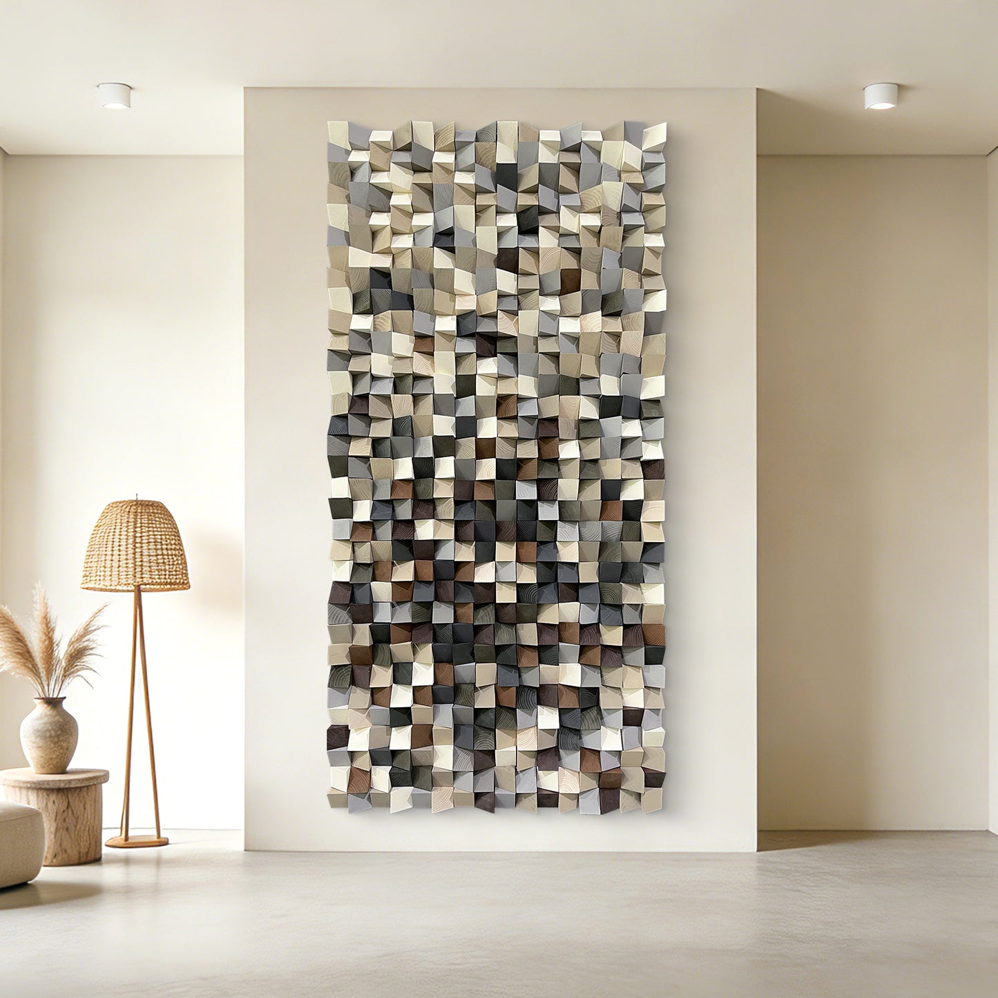 Modern style triangular wooden wall decoration. Artistic decoration for the living room. Eco-friendly wood three-dimensional artwork