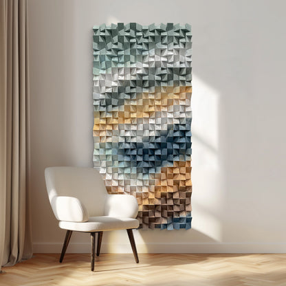 3D gradient wooden mosaic wall artwork, crafted from natural wood with gradual color transitions, full of artistic stereoscopic sense.