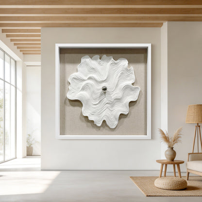 White Textured Wood Carving with Silver Sphere Wall Art