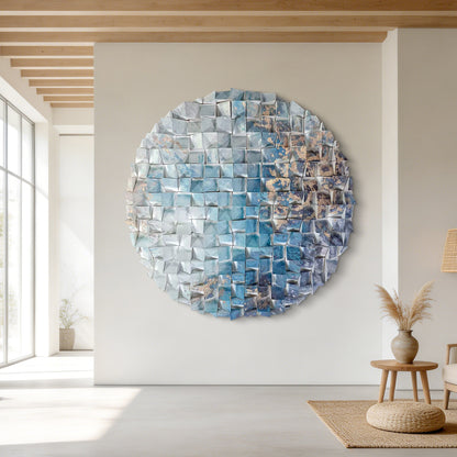Wooden circle wall decor, handcrafted azure ocean mosaic, large ready-to-hang round art for home & office.