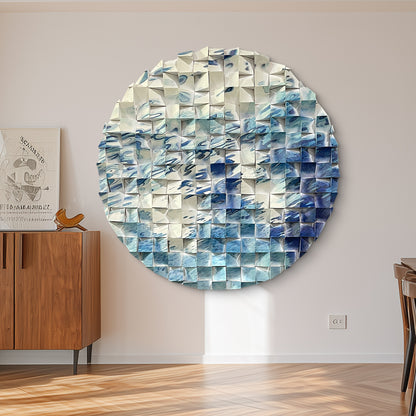 Abstract flow round wood wall art with white & blue river line pattern, modern circular decor for living room and office.