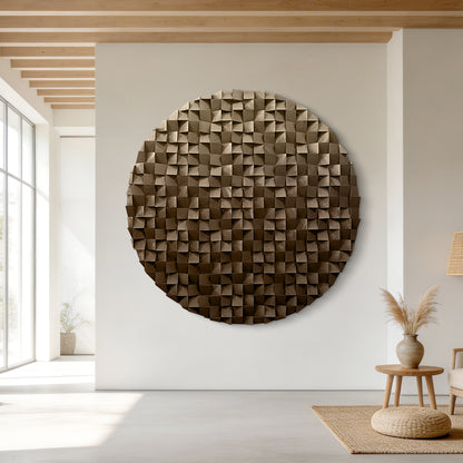 Wooden circle wall decor with 3D textured mosaic in warm brown tones, modern abstract art perfect for living room accent walls.
