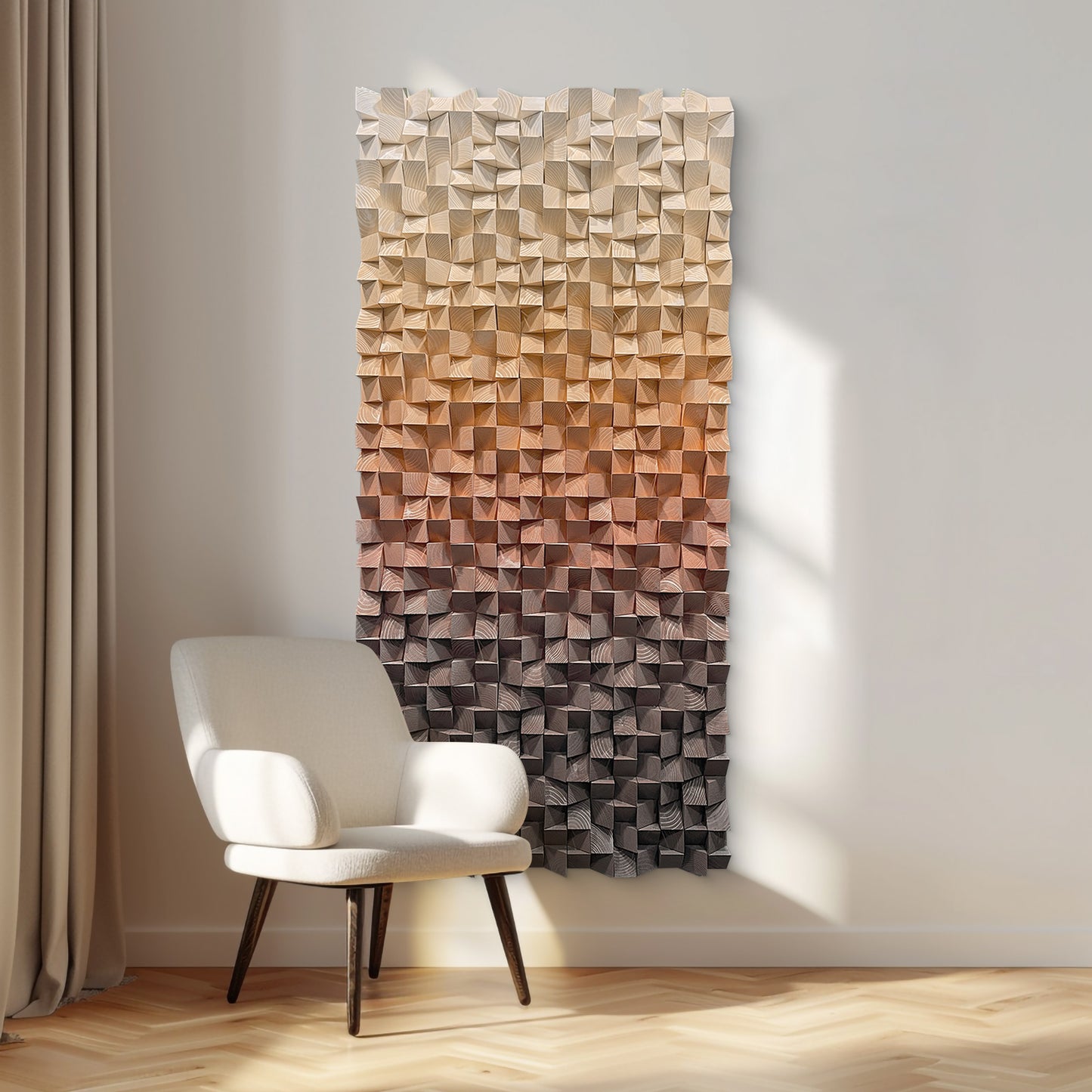 Warm earth-tone wood wall art, 3D textured mosaic with gradient orange-to-brown hues, abstract modern design allowing horizontal or vertical display.