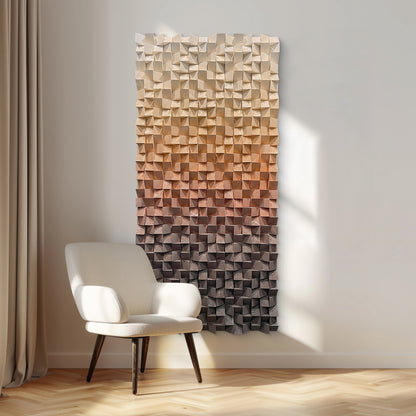 Warm earth-tone wood wall art, 3D textured mosaic with gradient orange-to-brown hues, abstract modern design allowing horizontal or vertical display.