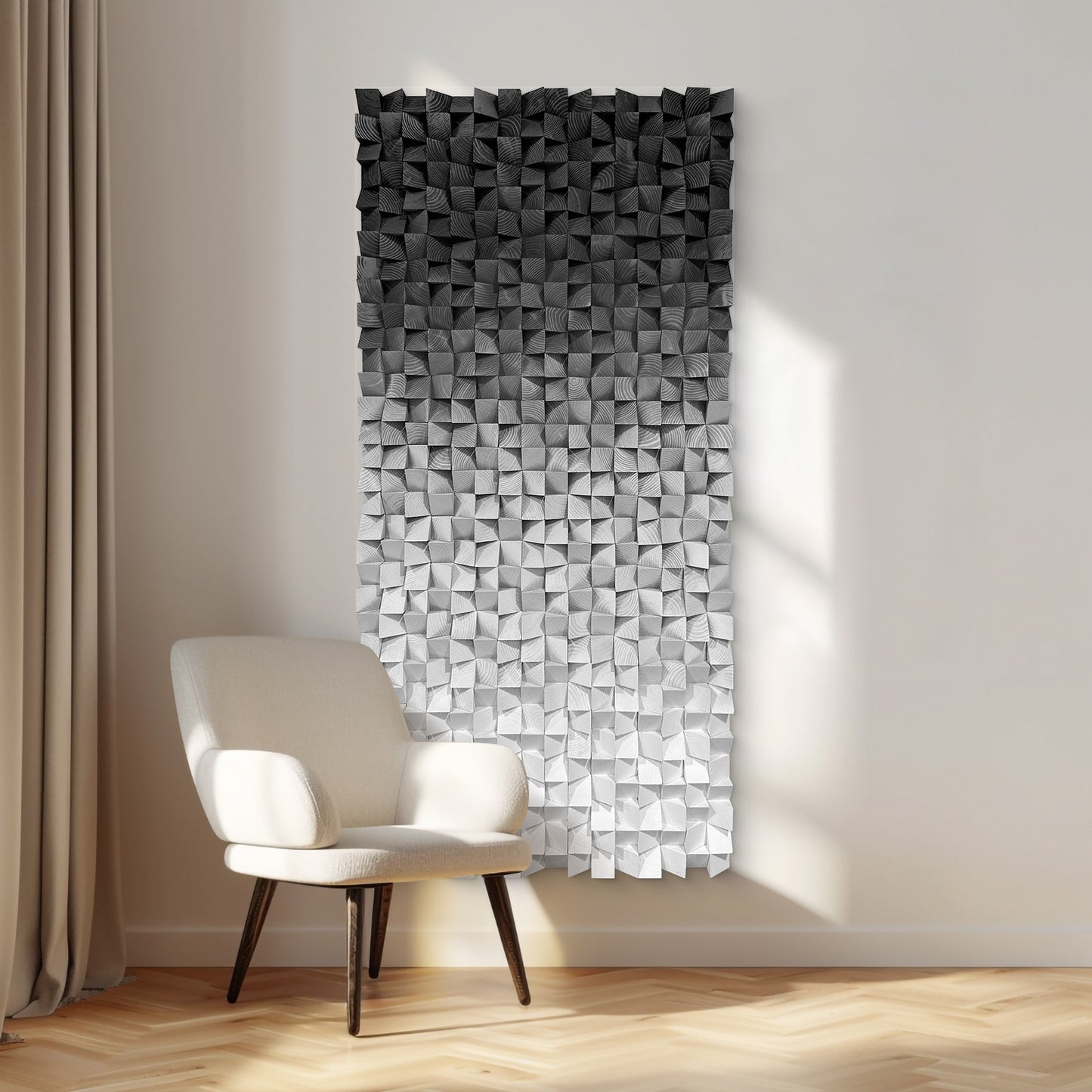 Extra Large Abstract Wood Wall Art, handcrafted from solid wood with black & white mosaic detailing, delivering a sleek modern focal texture.