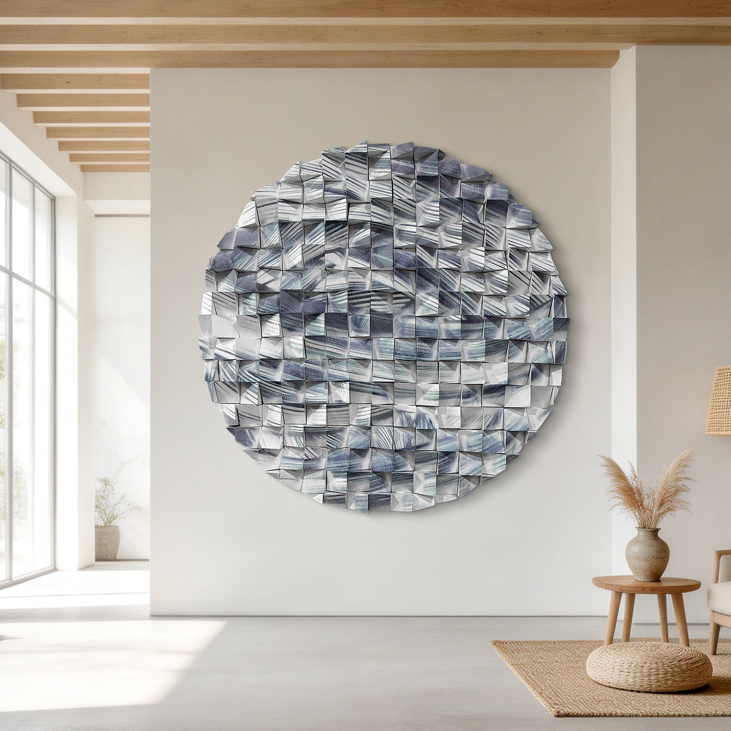 Blue Line Round Wood Wall Art, white backdrop, modern minimalist style, ideal for office wall decor.