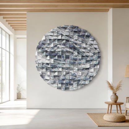 Blue Line Round Wood Wall Art, white backdrop, modern minimalist style, ideal for office wall decor.