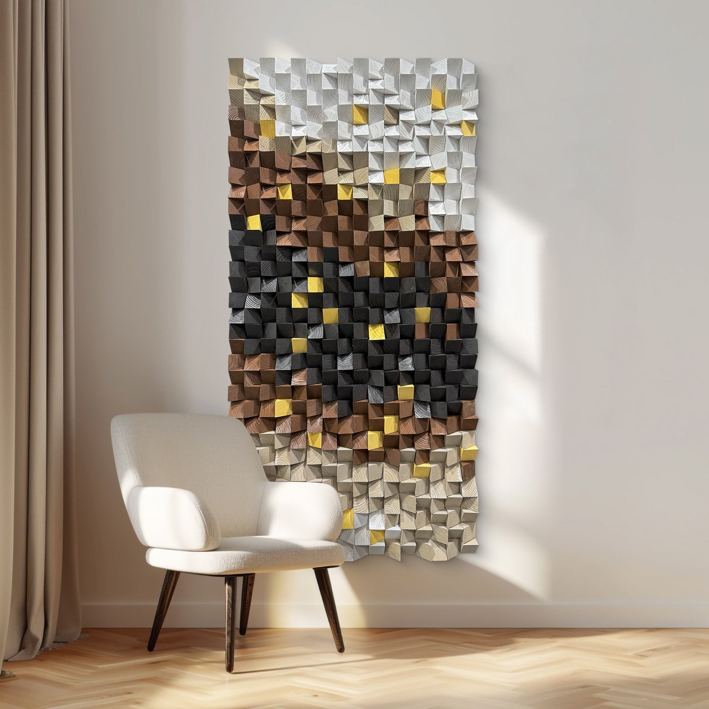 Black & White Textured Wood Wall Art, Grey Mosaic Design, Large-Scale Decorative Artwork