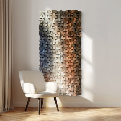 Modern abstract 3D wall art, solid wood mosaic panel in blue, white and orange tones, with rich three-dimensional texture.