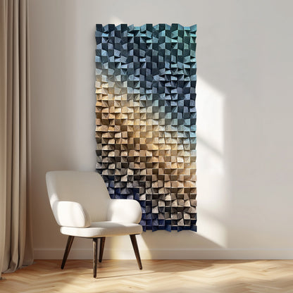 3D wood wall decor featuring triangular wooden blocks, highlighting natural wood grain and rich three-dimensional structure.