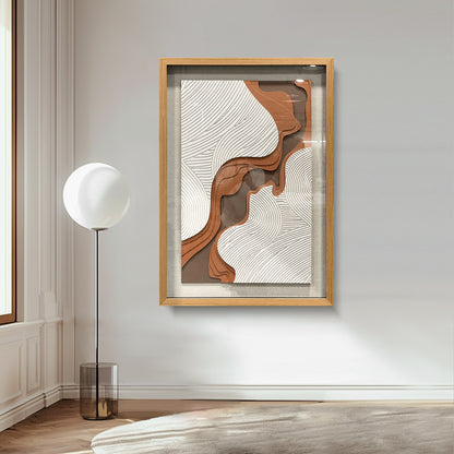 Creative hand-carved decorative artwork interwoven with brown and white lines, accented by a solid wood frame, delivering an elegant artistic touch.