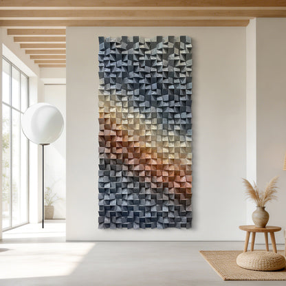 Large triangular wooden blocks interweave to create dreamy light and shadow, artistic wall decor brightens living spaces with unique aesthetic appeal.