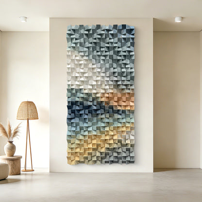 Large triangular wooden block wall art, crafted from natural wood with strong artistic appeal, creating an eye-catching focal point for interior spaces.