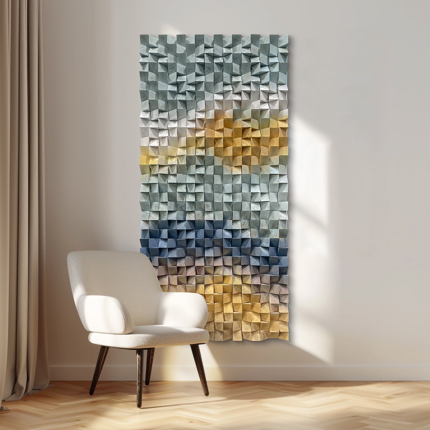 Geometric gradient 3D wooden mosaic wall decor, solid wood textured panel with distinctive layered design.
