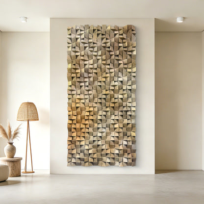 3D gradient wall art with geometric wooden blocks, textured solid wood decor ideal for living rooms, bedrooms and offices.