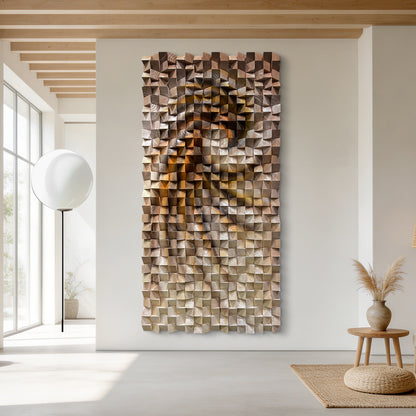 Three-dimensional triangular wooden block wall art, modern styled with natural wood texture, elevating any wall space elegantly.