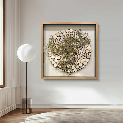 Natural Wood Round & Metal Wall Sculpture - 3D Mixed Media Art