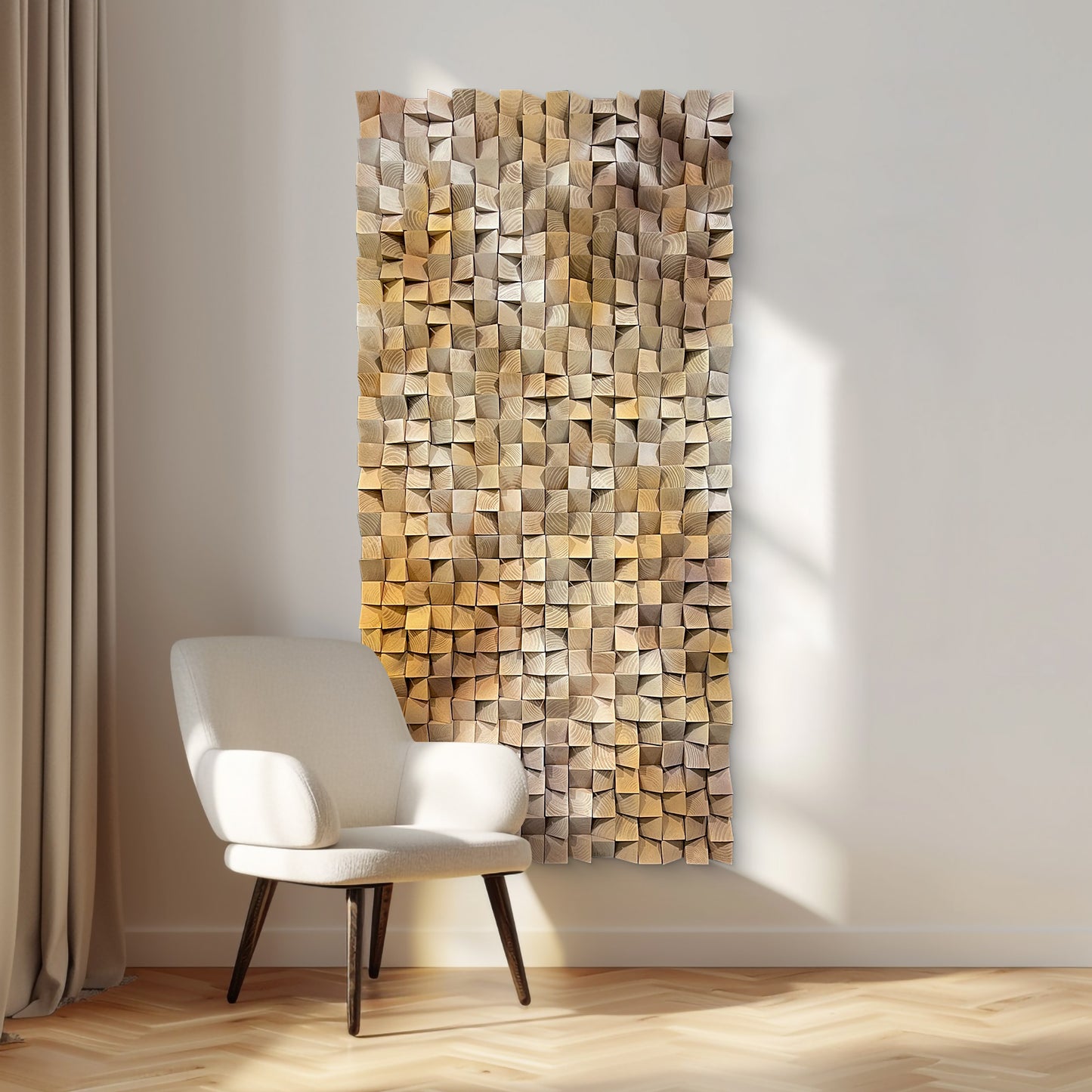 3D gradient wooden mosaic wall art features geometric wood blocks in gradual color transitions, delivering rich texture, artistic depth and natural warmth.