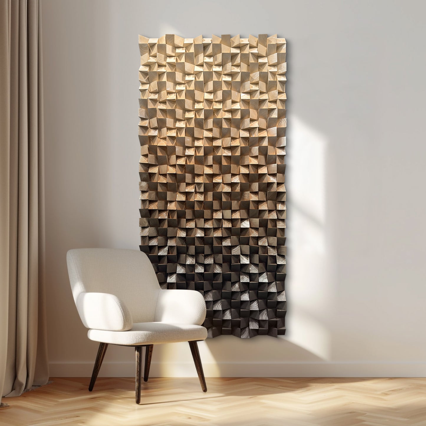 Wooden wall art, handmade solid wood mosaic with abstract coffee brown gradient and triangular design, rich in texture.