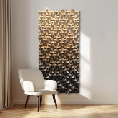 Wooden wall art, handmade solid wood mosaic with abstract coffee brown gradient and triangular design, rich in texture.