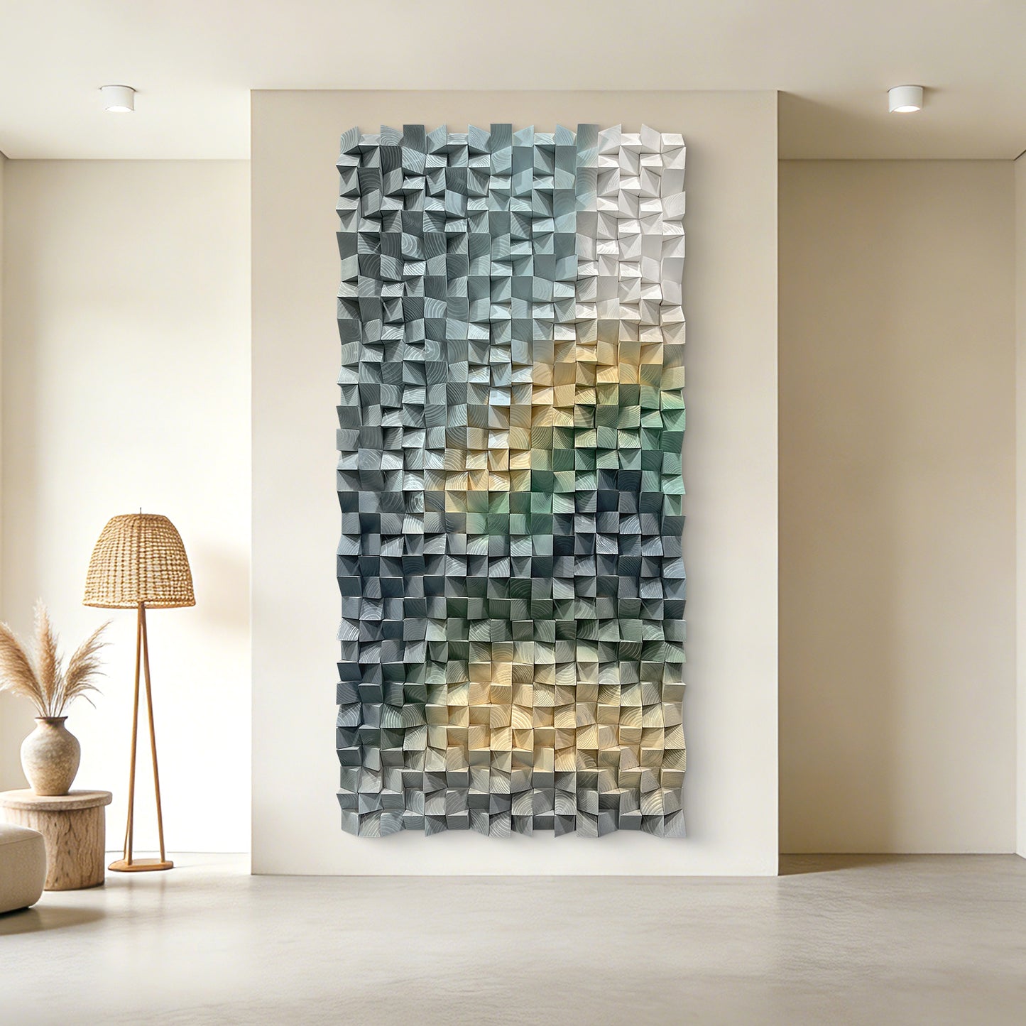 Large triangular wooden block art wall decoration, living room bedroom artistic sense, hanging wall art, home space eye-catching decoration