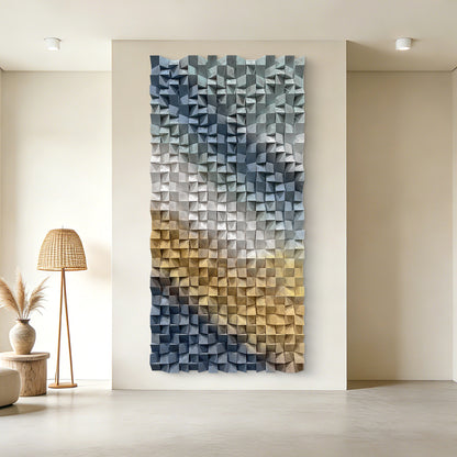 Modern 3D wooden wall art with triangular wood blocks, large-sized wall hanging decor to elevate space style.