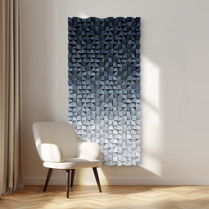 3D Wood Block Wall Art, crafted from natural wood with gradient blue and gray tones, featuring rich layered texture.