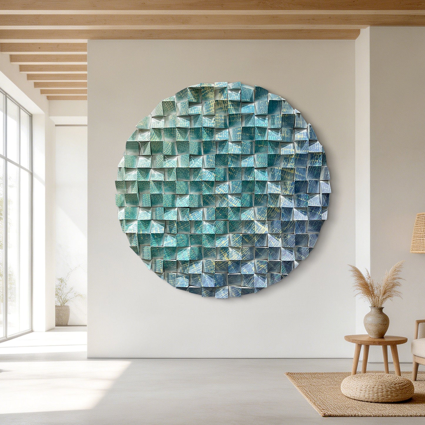 Large triangular wooden block wall art with blue-green-gold pattern, eye-catching modern decor for living room.