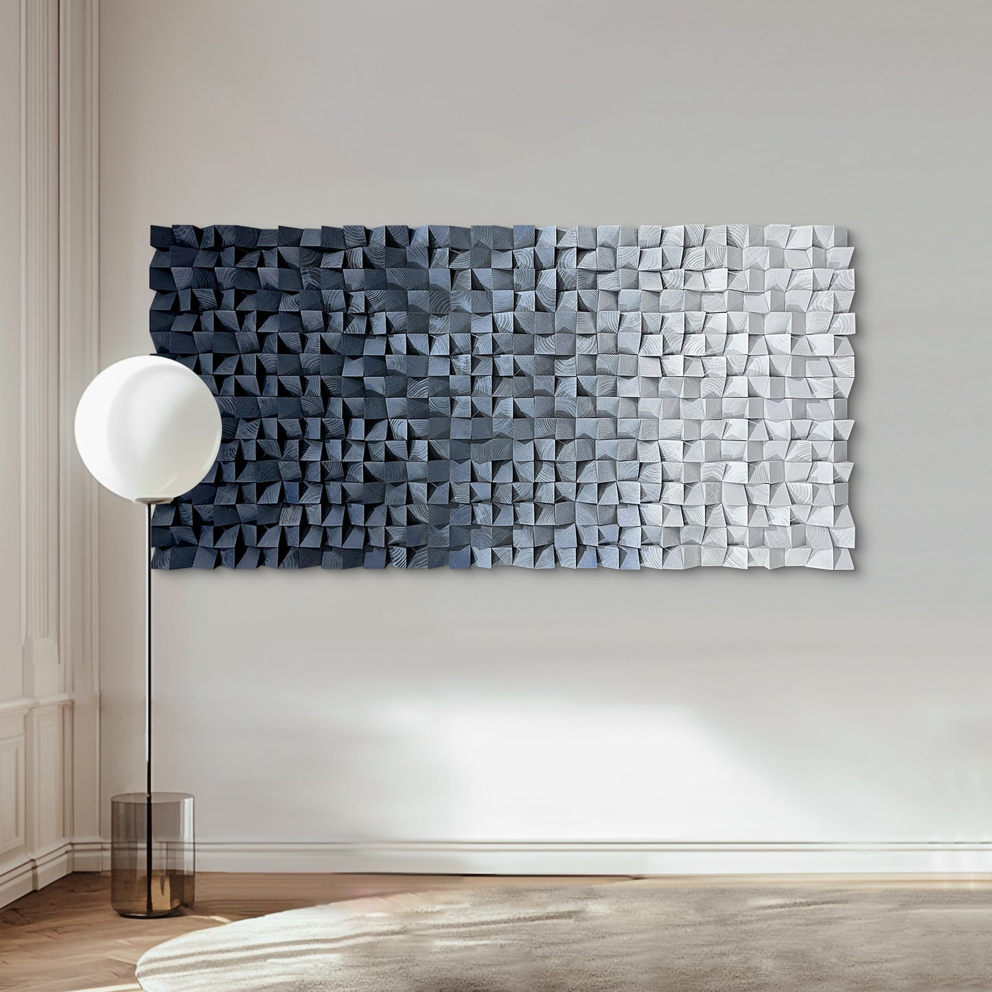 3D Wood Block Wall Art, crafted from natural wood with gradient blue and gray tones, featuring rich layered texture.