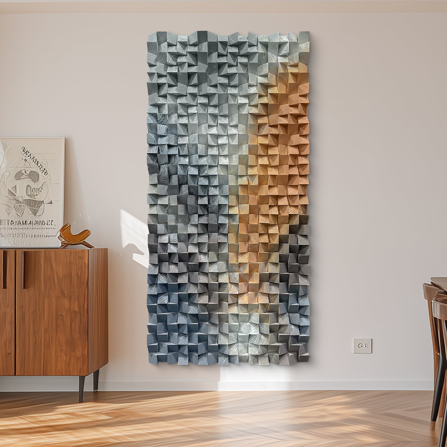 Large wooden block wall art integrates into interior spaces, exuding a leisurely and romantic atmosphere, infusing poetic charm into the room.