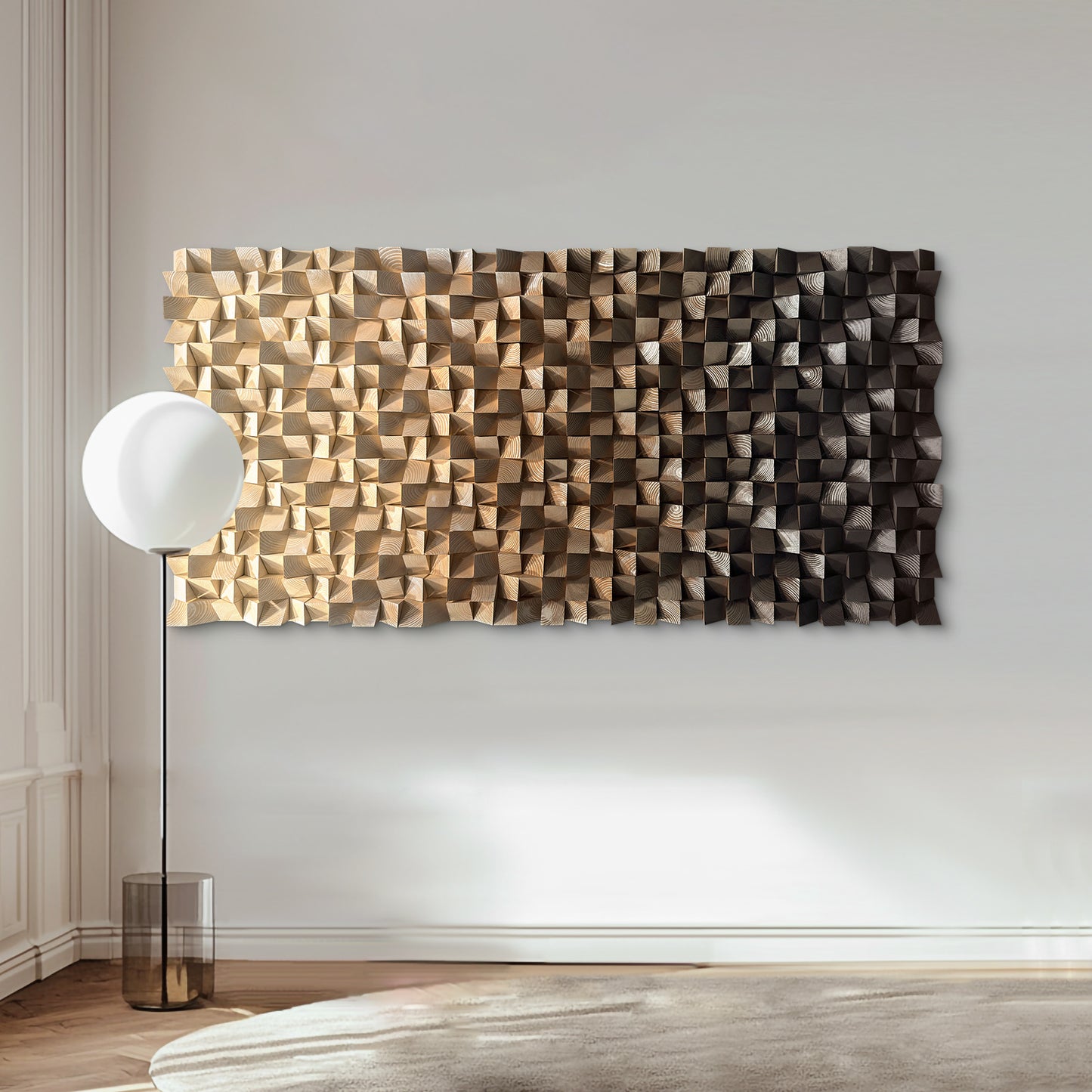 Wooden wall art, handmade solid wood mosaic with abstract coffee brown gradient and triangular design, rich in texture.