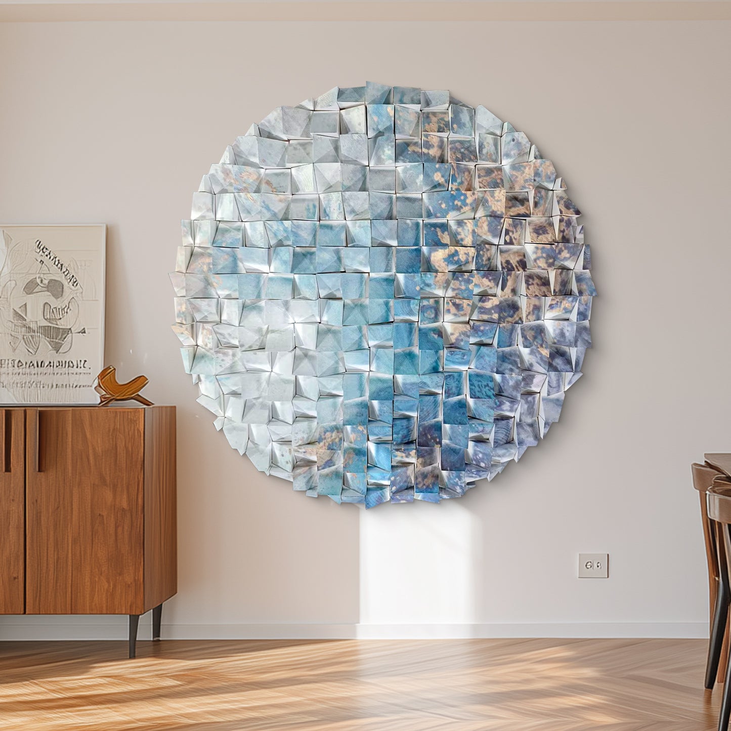 Wooden circle wall decor, handcrafted azure ocean mosaic, large ready-to-hang round art for home & office.