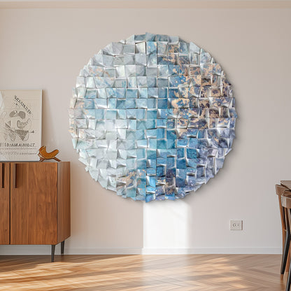 Wooden circle wall decor, handcrafted azure ocean mosaic, large ready-to-hang round art for home & office.