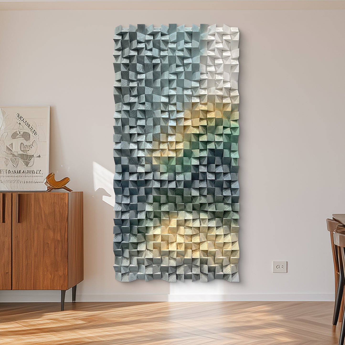 Large triangular wooden block art wall decoration, living room bedroom artistic sense, hanging wall art, home space eye-catching decoration