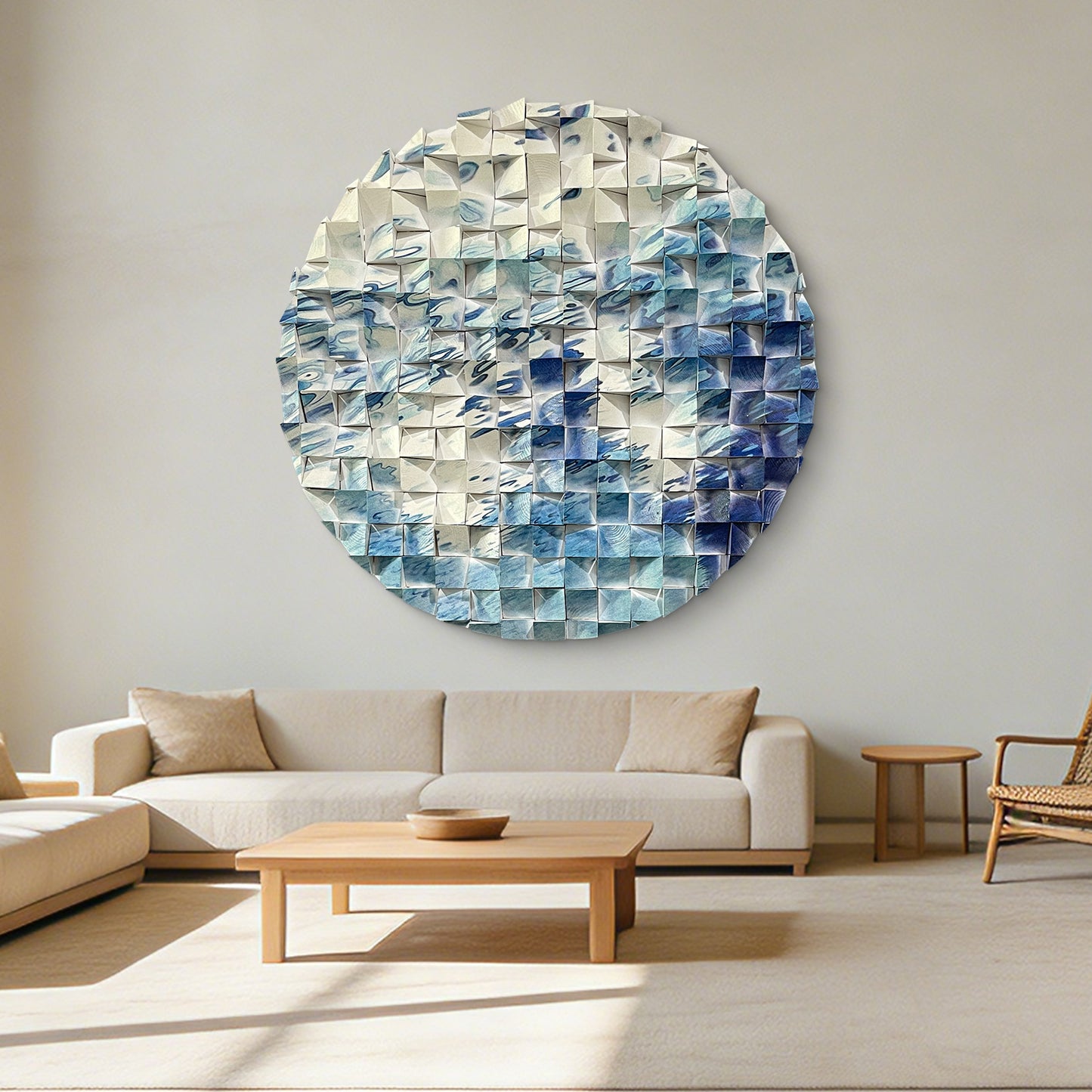 Abstract flow round wood wall art with white & blue river line pattern, modern circular decor for living room and office.
