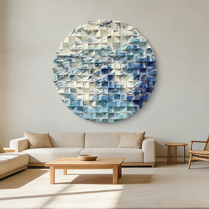 Abstract flow round wood wall art with white & blue river line pattern, modern circular decor for living room and office.
