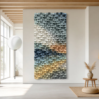 Large triangular wooden block wall art, crafted from natural wood with strong artistic appeal, creating an eye-catching focal point for interior spaces.